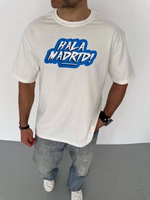 Defy Moda Unisex Bisiklet Yaka Baskılı Oversize T-Shirt - Beyaz
