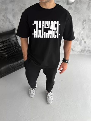 Defy Moda Unisex Bisiklet Yaka Katlanan Baskılı T-Shirt - Siyah