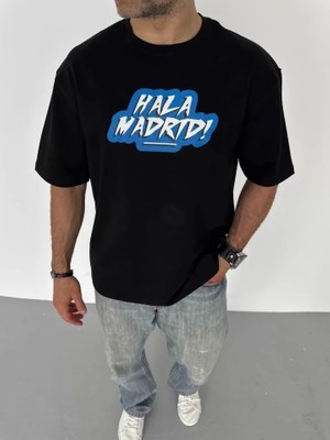 Defy Moda Unisex Bisiklet Yaka Baskılı Oversize T-Shirt - Siyah