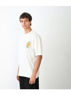 Defy Moda Unisex Bisiklet Yaka Baskılı Oversize T-Shirt - Beyaz