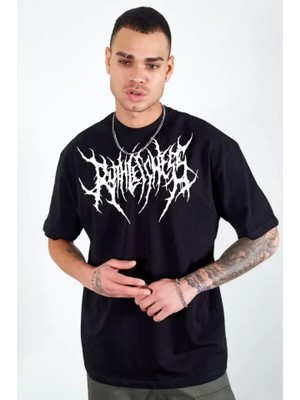 Defy Moda Unisex Bisiklet Yaka Baskılı Oversize T-Shirt - Siyah