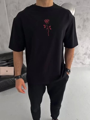 Defy Moda Unisex Bisiklet Yaka Baskılı Oversize T-Shirt - Siyah