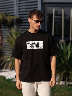 Defy Moda Unisex Bisiklet Yaka Baskılı Oversize T-Shirt - Siyah