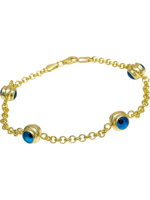 Modahilye 925 Ayar Gümüş Nazarlık Cam Göz Altın Kaplama Renk Kadın Bileklik.