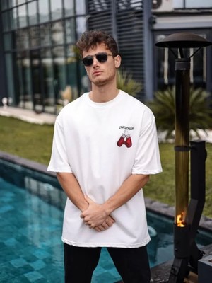 Defy Moda Unisex Bisiklet Yaka Baskılı Oversize T-Shirt - Beyaz