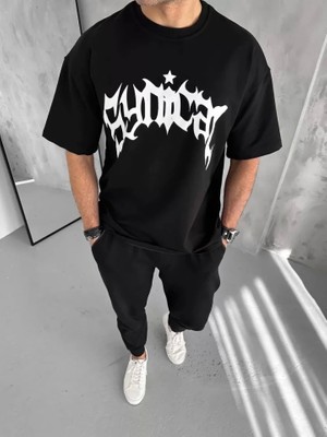 Defy Moda Unisex Bisiklet Yaka Baskılı Oversize T-Shirt - Siyah