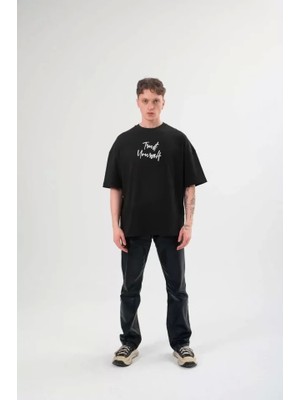 Defy Moda Unisex Bisiklet Yaka Baskılı Oversize T-Shirt - Siyah