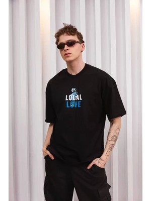 Defy Moda Unisex Bisiklet Yaka Baskılı Oversize T-Shirt - Siyah