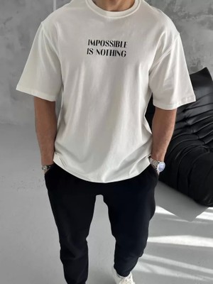 Defy Moda Unisex Bisiklet Yaka Baskılı Oversize T-Shirt - Beyaz