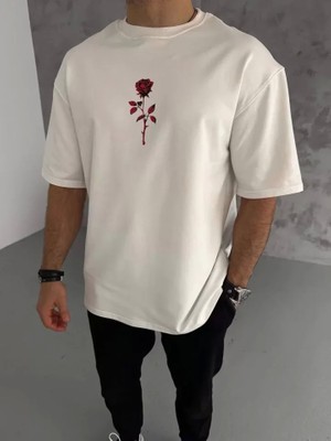 Defy Moda Unisex Bisiklet Yaka Baskılı Oversize T-Shirt - Beyaz