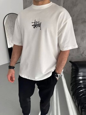 Defy Moda Unisex Bisiklet Yaka Baskılı Oversize T-Shirt - Beyaz