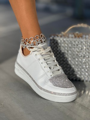 Litra Kristal Taşlı Spor Ayakkabı Beyaz Gümüş