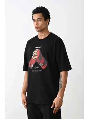 Defy Moda Unisex Baskılı Oversize T-Shirt - Siyah