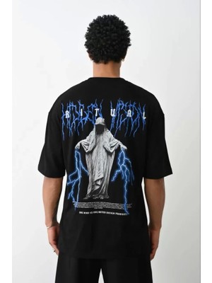 Defy Moda Unisex Baskılı Oversize T-Shirt - Siyah