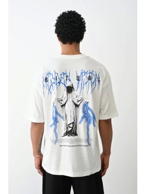 Defy Moda Unisex Baskılı Oversize T-Shirt - Beyaz