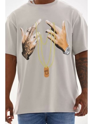 Defy Moda Unisex Baskılı Oversize T-Shirt - Gri