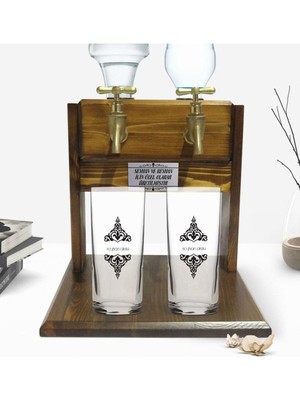 Kişiye Özel Renkli Baskılı Isimli Ikili Rakı Bardağı ve Çift Musluklu Doğal Ahşap Rakı STANDI-110