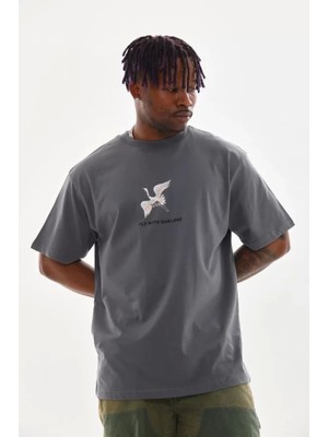 Defy Moda Unisex Baskılı Oversize T-Shirt - Füme