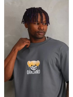 Defy Moda Unisex Baskılı Oversize T-Shirt - Füme