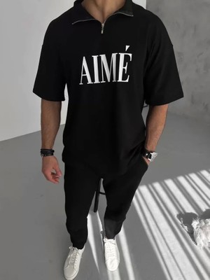 Defy Moda Unisex Yarım Fermuarlı Baskılı T-Shirt - Siyah