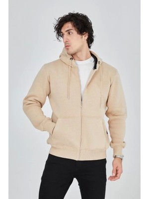 Erkek Kapüşonlu Düz Fermuarlı Hırka - Bej
