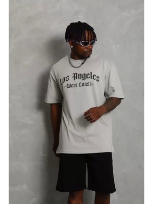 Defy Moda Unisex Oversize Baskılı Bisiklet Yaka T-Shirt - Gri