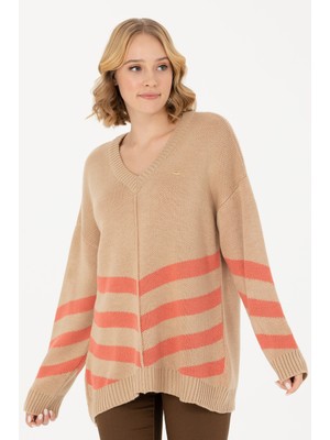 U.S. Polo Assn. Kadın Kum Melanj V Yaka Triko Kazak 50272041-VR123