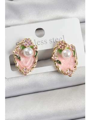 Pirinç Pembe Mineli Inci Detaylı Sanatsal Portre Model Gold Renk Kadın Küpe