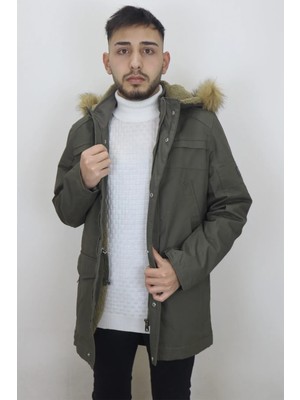 Bellisimo Fistan Store Erkek Hakim Yaka Içi Kürklü Rahat Kalıp Kapüşonlu Kışlık Keten Kabanb
