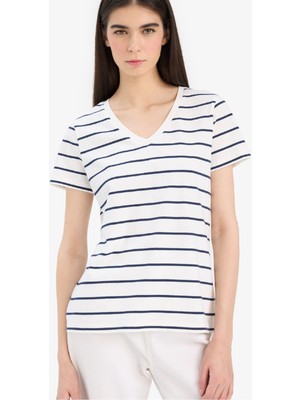 DeFacto %100 Pamuk Relax Fit V Yaka Çizgili Tişört C7588AX25SP