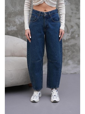 Mom Jean Yüksek Bel Bol Kesim Paça Pileli Esnek Kot Pantolon Lacivert