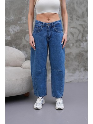 Mom Jean Yüksek Bel Bol Kesim Paça Pileli Esnek Kot Pantolon Mavi