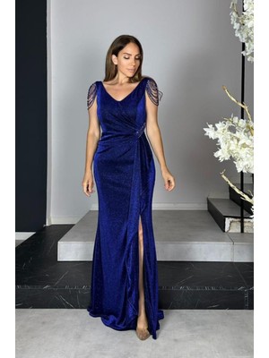 G1444 Taş Detaylı Simli Maksi Abiye Elbise Lacivert