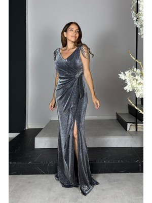 G1444 Taş Detaylı Simli Maksi Abiye Elbise Antrasit