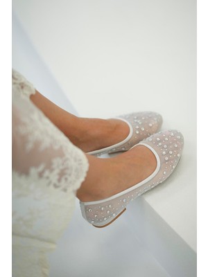 Barbi Taşlı Abiye Fileli Babet Beyaz