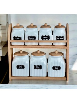 Ahşap Standlı Etiketli 7’li Porselen Baharatlık Seti Baharatlık Takımı