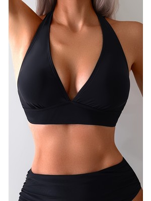 Angelsin Siyah Arkadan Bağlamalı Bikini Üstü Düz Desenli Likra Kumaş Kadın Üst