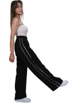 Kadın Modal Kumaş Kontrast Detaylı Siyah Düz Kesim Pantolon