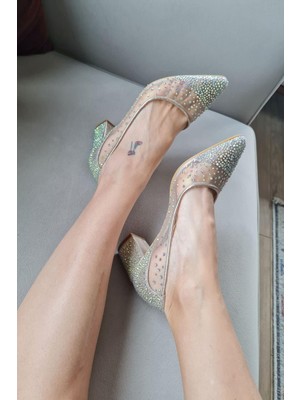 135 5465KT Topukla Kadın Incili Kısa Topuklu Abiye Ayakkabı