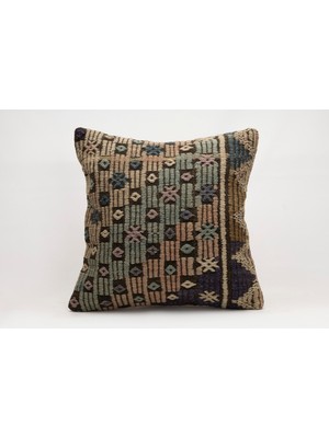 El Yapımı Kilimden Yapılmış Vintage Kırlent Kılıfı, Yün, 50X50 cm