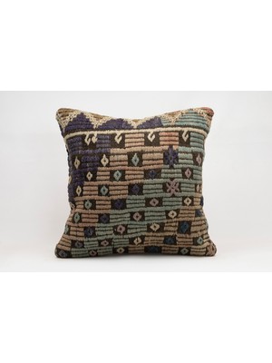El Yapımı Kilimden Yapılmış Vintage Kırlent Kılıfı, Yün, 50X50 cm