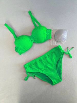Kadın Canlı Yeşil Taş Işlemeli Astarlı Bikini Takım HZL25S-LC3361