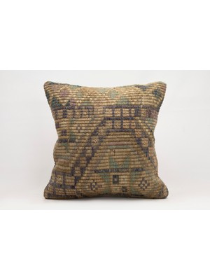 El Yapımı Kilimden Yapılmış Vintage Kırlent Kılıfı, Yün, 50X50 cm