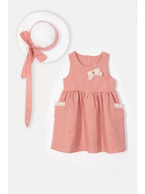 Bisiklet Yaka Dantel Detaylı Şapka Aksesuarlı Pudra Renk Kız Çocuk Elbise