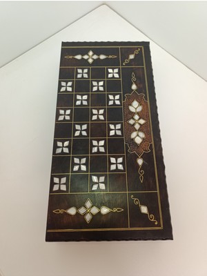 Sedef Kakma Telkari Işlemeli El Işçiliği Büyük Boy Ahşap Tavla - Koyu Renk (25X50 Cm)