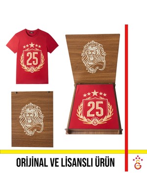 Galatasaray Lisanslı 2025 Şampiyonluk Kırmızı Özel Yetişkin T-Shirt Hediye Aslan Ahşap Kutulu