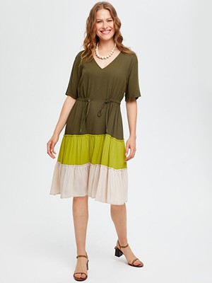 Renk Bloklu Parçalı Etekli Viskon Elbise S25ELB020