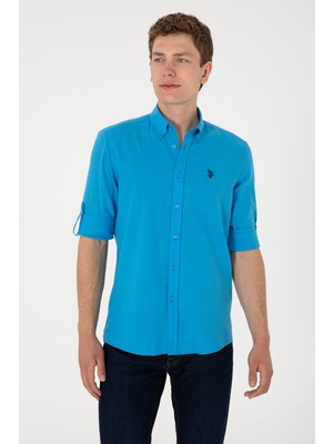 U.S. Polo Assn. Erkek Mavi Keten Görünümlü Basic Gömlek 50306285-VR007