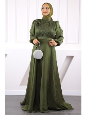 Haki Önü Drapeli Kemerli Şifon Abiye