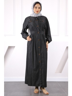 Antrasit Cepli Düğmeli Kot Elbise